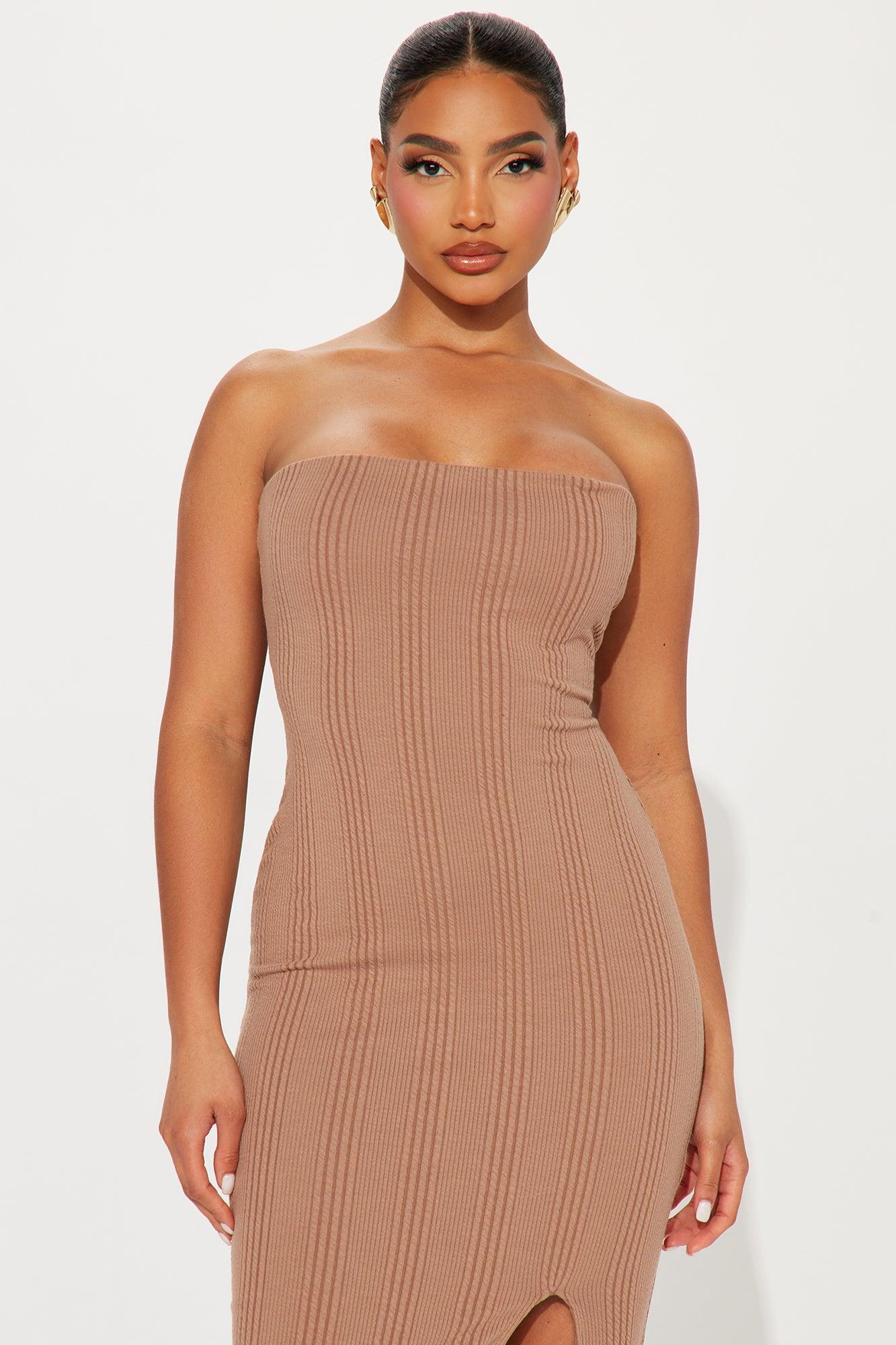 Hailey Textured Tube Midi Dress - Taupe Product Image