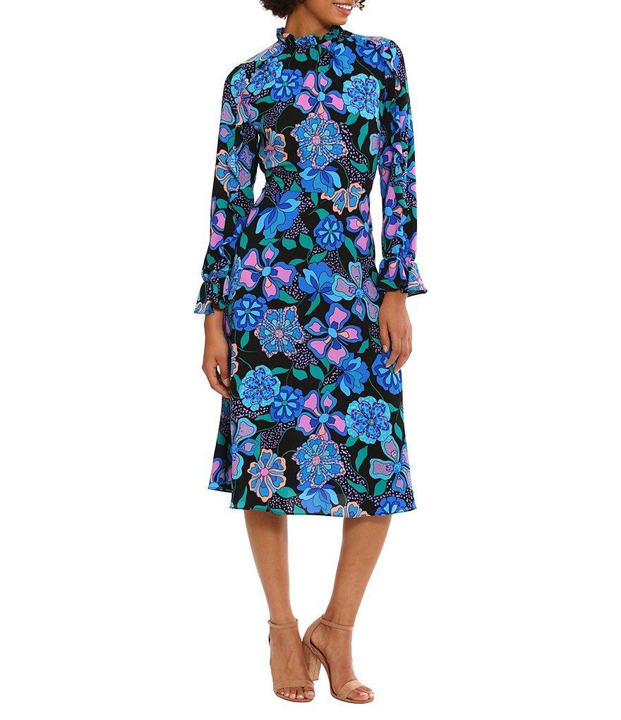 Donna Morgan Printed Ruffled Mock Neck Long Sleeve A-Line Midi Dress Product Image