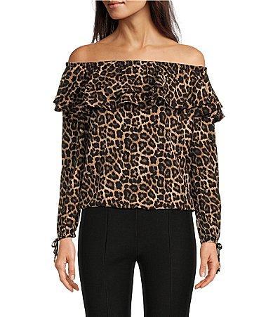 MICHAEL Michael Kors Leopard Print Layered Ruffle Off-the-Shoulder Long Sleeve Top Product Image