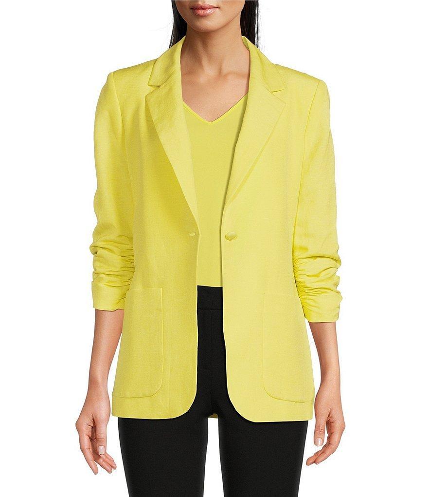 Calvin Klein Petite Size Linen Blend Notch Lapel Collar 3/4 Scrunch Sleeve One-Button Front Jacket Product Image