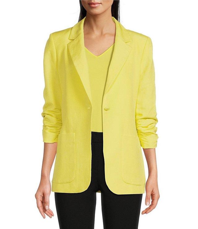 Calvin Klein Petite Size Linen Blend Notch Lapel Collar 3/4 Scrunch Sleeve One-Button Front Jacket Product Image