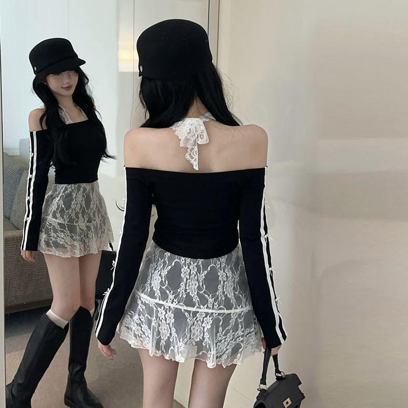 Long-Sleeve Striped Piping Crop Tee / Halter Neck Lace Top Product Image