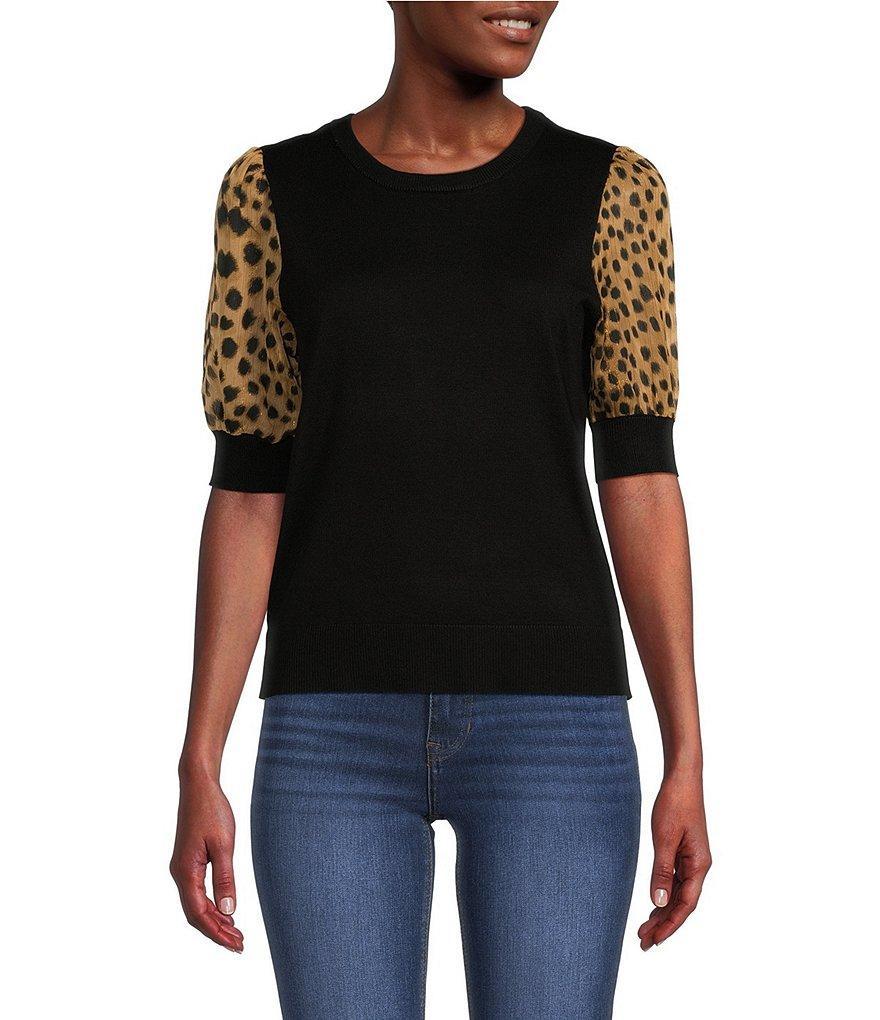 DKNY Cheetah Print Short Puff Sleeve Knit Top Product Image