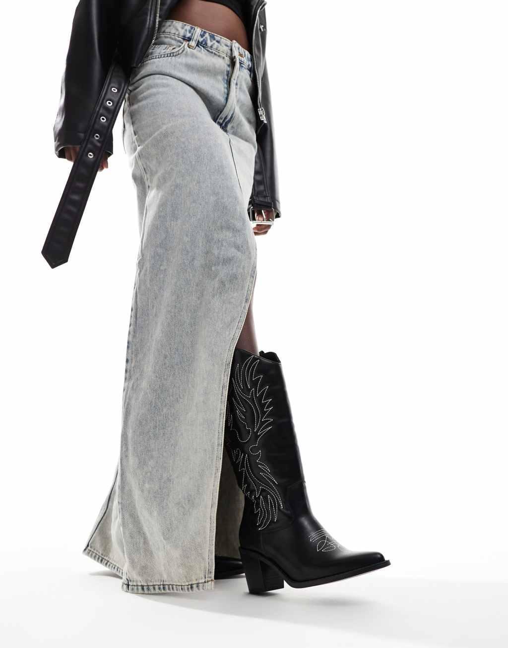 Glamorous western heeled knee boots in black Product Image