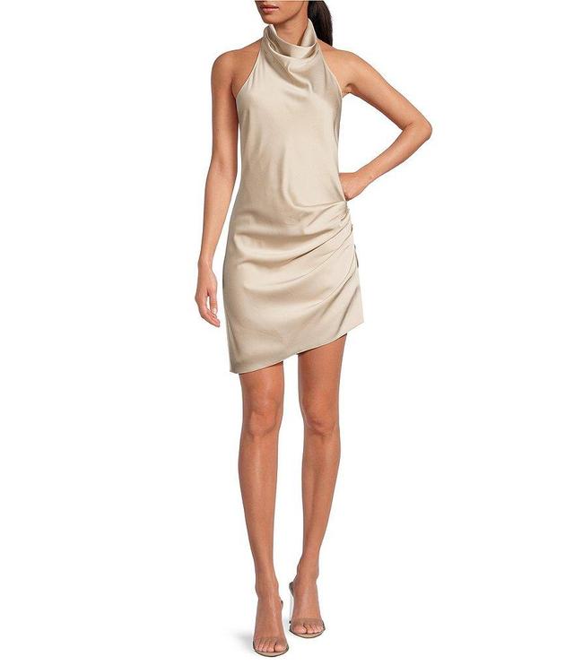 Gianni Bini Peyton Ruched Satin Cowl Halter Neck Sleeveless Open Back Detail Asymmetrical Hem Mini Sheath Dress Product Image