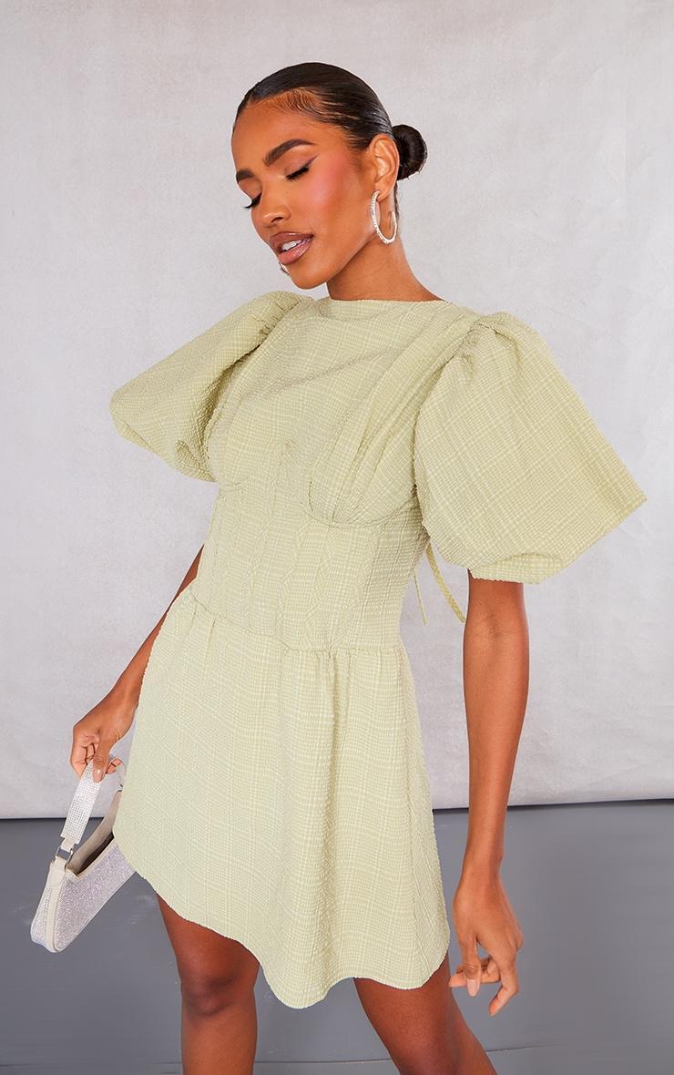 Sage Green Underwired Corset Puff Sleeve Shift Dress Product Image