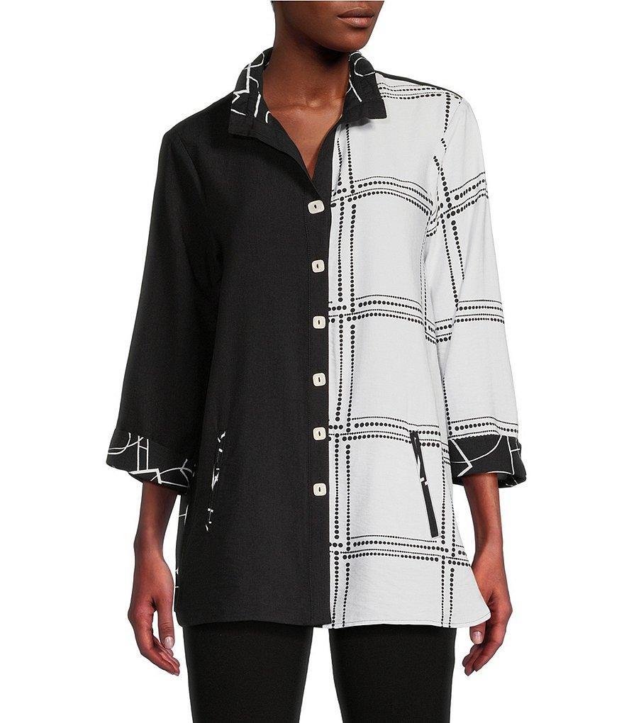 Ali Miles Abstract Print Woven Wire Collar 3/4 Sleeve Button-Front Tunic Product Image