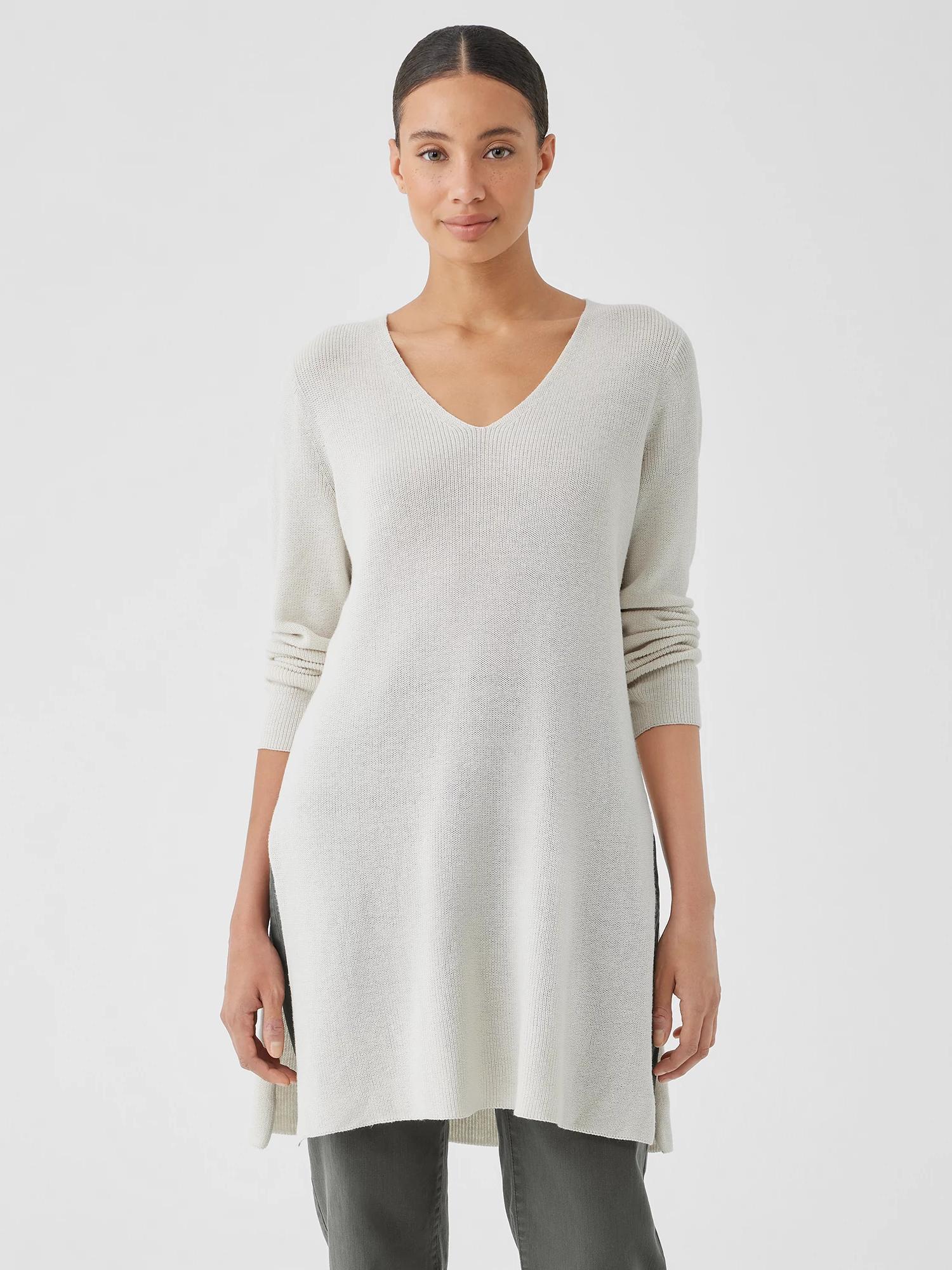 EILEEN FISHER Peruvian Organic Cotton Crepe V-Neck Long Topfemale Product Image