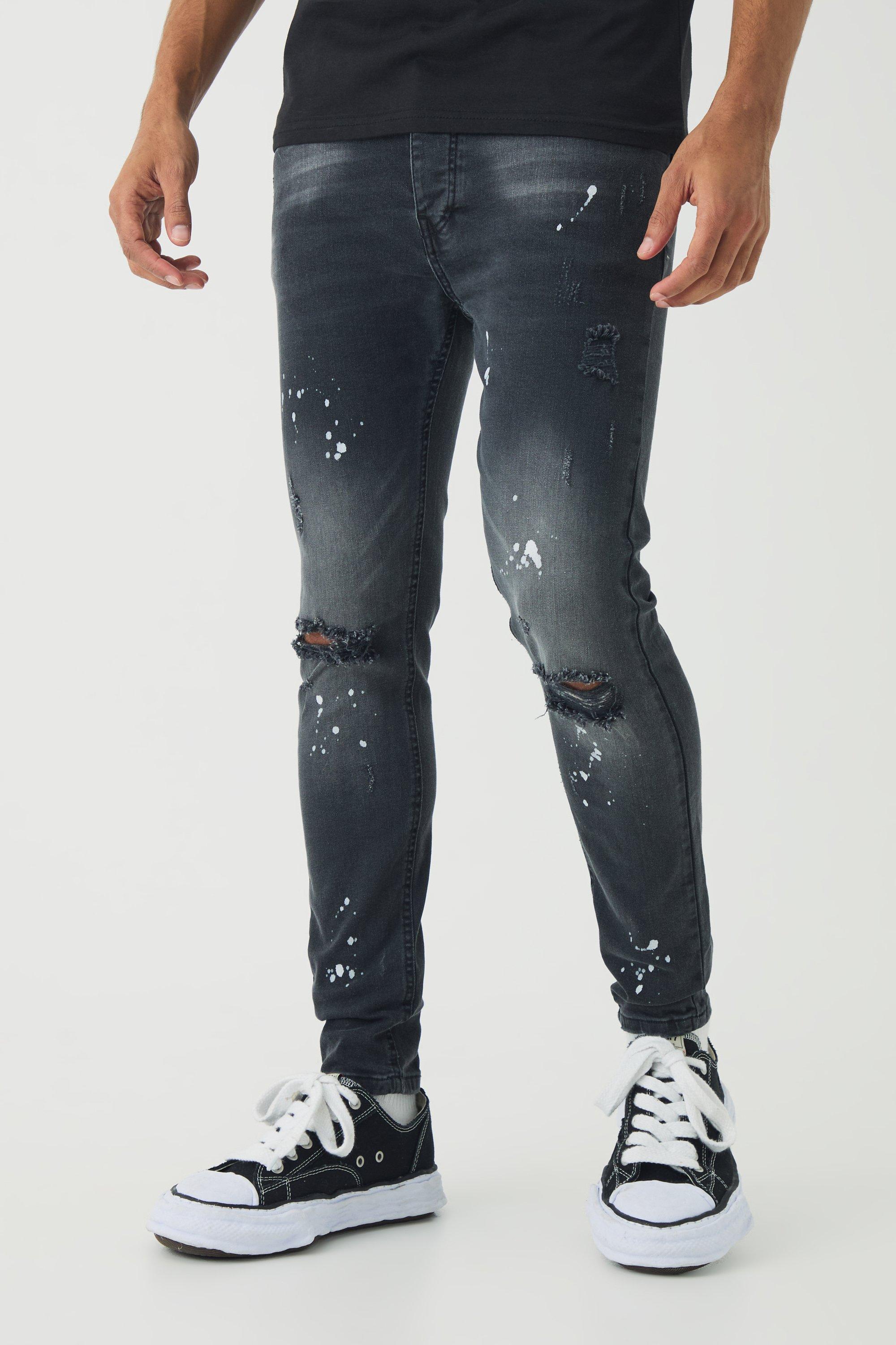 Skinny Stretch Ripped Paint Splatter Jeans | boohooMAN USA Product Image