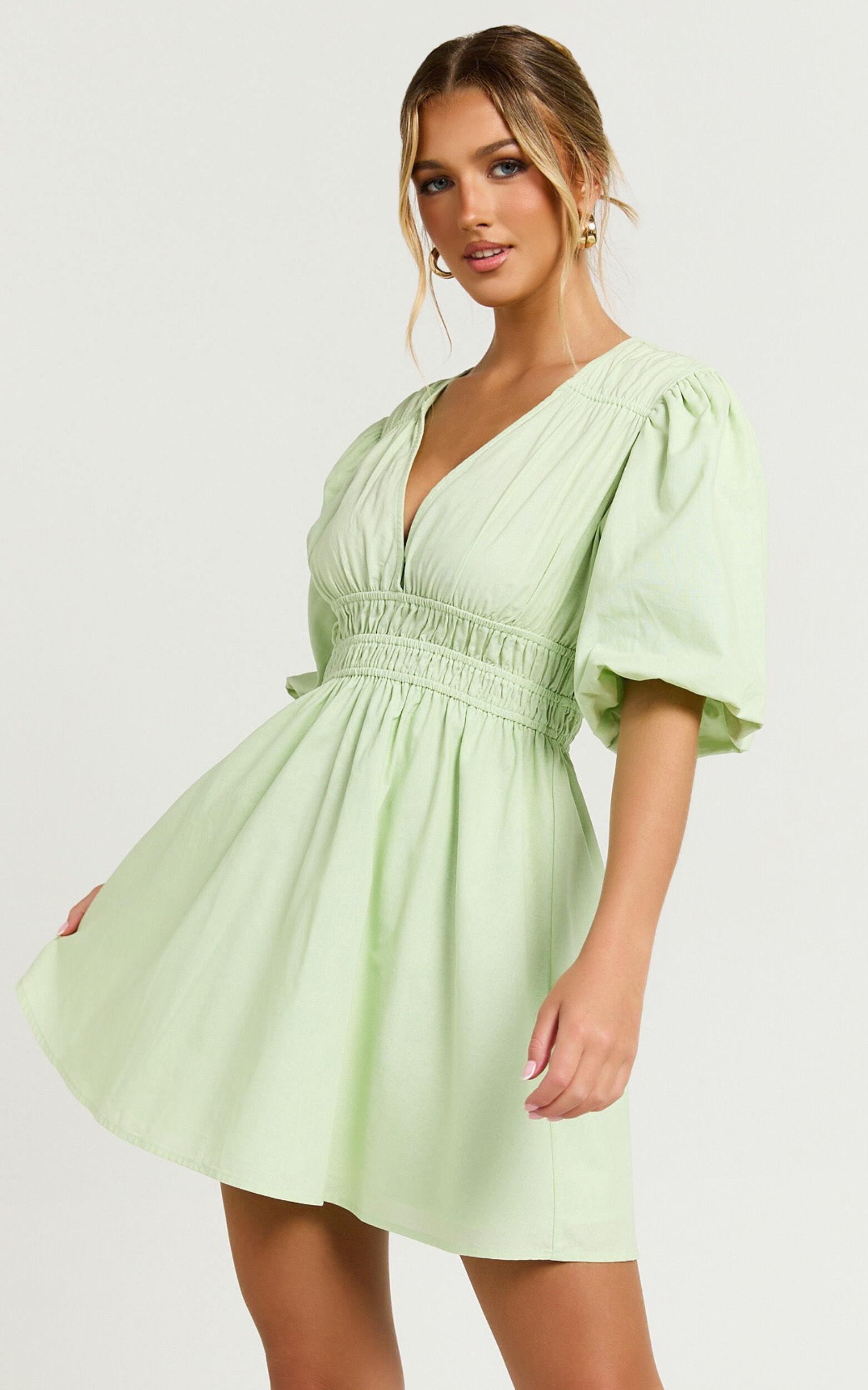 Francesca V Neck Puff Sleeves Mini Dress in Green Product Image