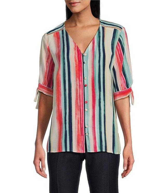 Investments Sorbet Stripe Print Woven V-Neck 3/4 Tie Sleeve Top Product Image