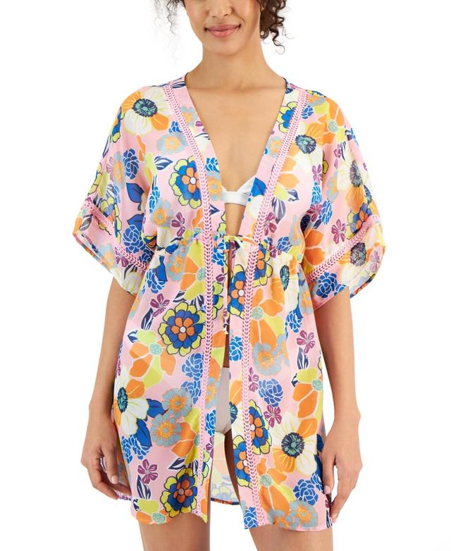 Miken Womens Crochet-Trim Kimono Cover-Up, Created for Macys - Prism Pink Product Image