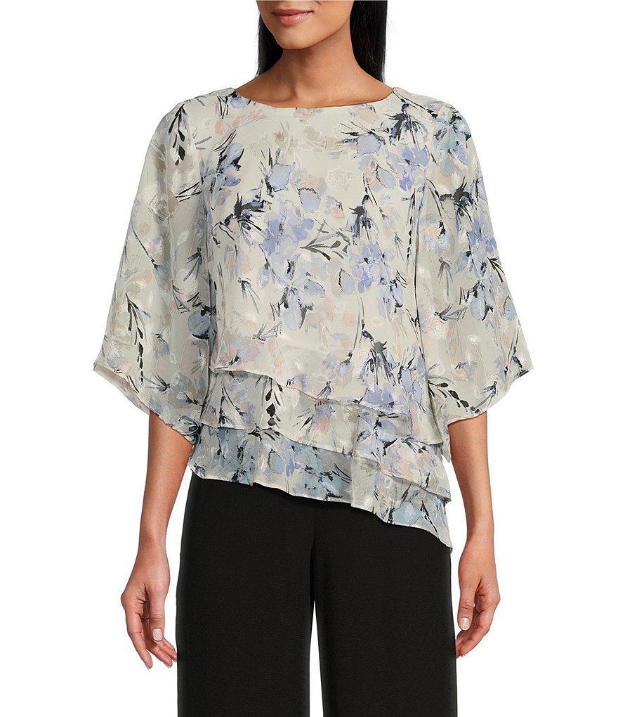 Alex Evenings 3/4 Sleeve Boat Neck Asymmetrical Triple Tier Floral Chiffon Blouse Product Image