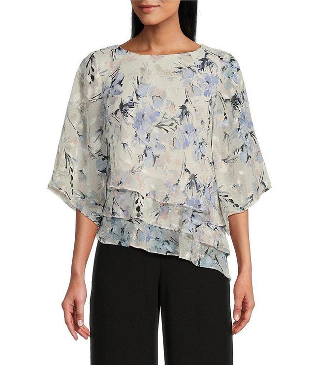 Alex Evenings Petite Size 3/4 Sleeve Boat Neck Asymmetrical Triple Tier Floral Chiffon Blouse Product Image