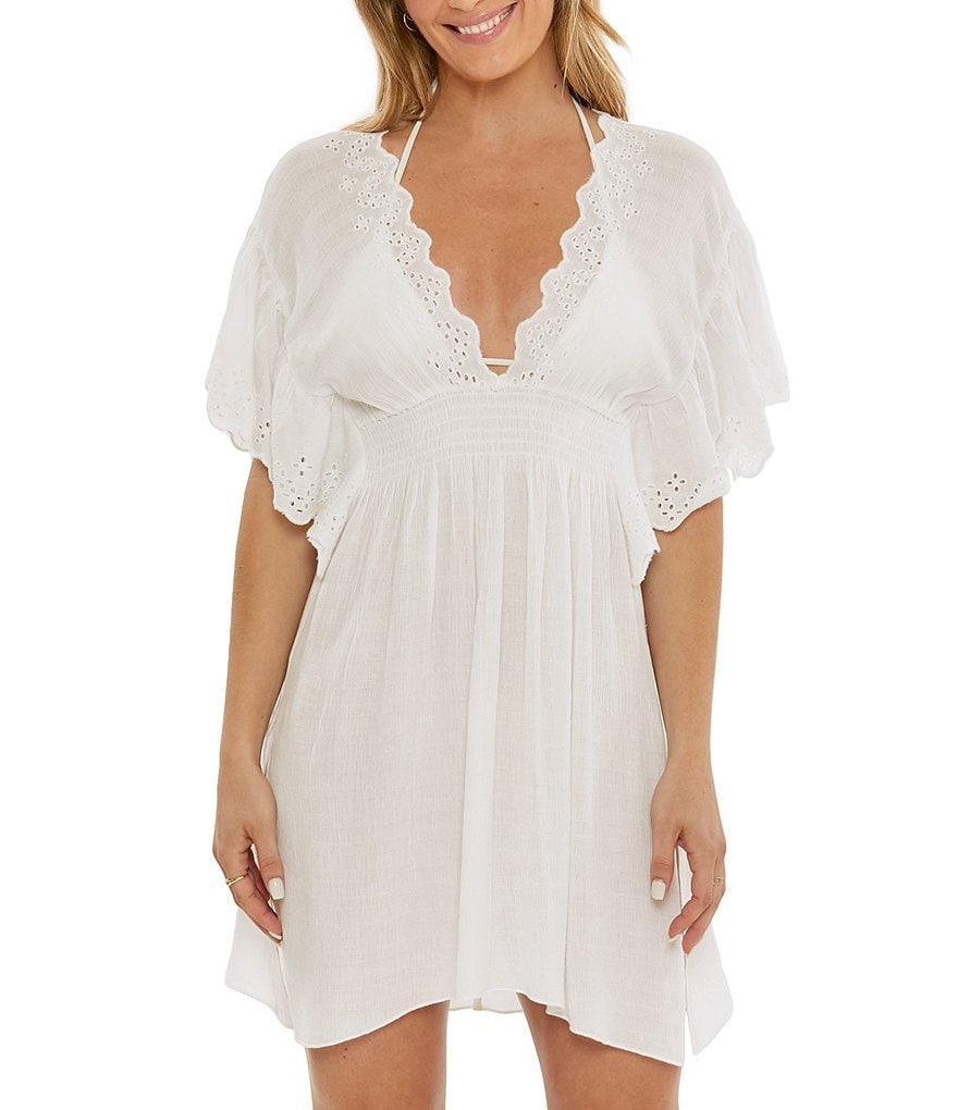 Becca by Rebecca Virtue Barbados Woven Flutter Sleeve Embroidered Eyelet Scallop Cover-Up Tunic Product Image