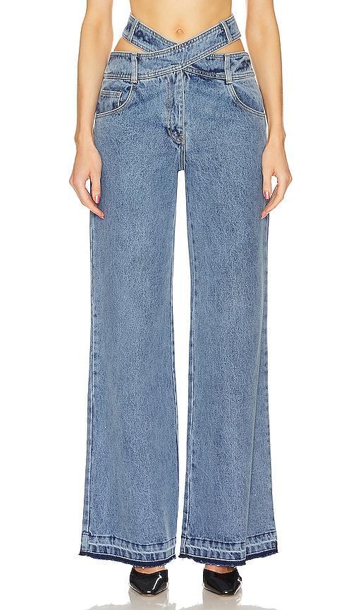 MONSE Crisscross Waist Raw Hem Wide Leg Jeans Product Image