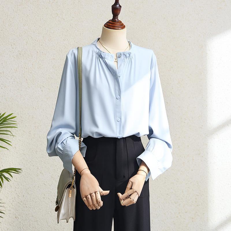 Long Sleeve Band Collar Plain Shirt Product Image