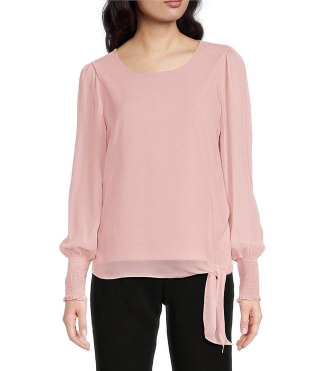 Calvin Klein Chiffon Crew Neck Long Sleeve Knot Hem Blouse Product Image