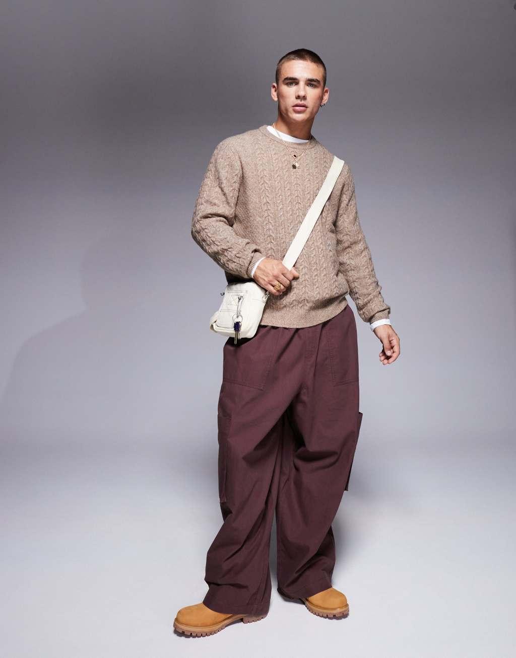 ASOS DESIGN oversized balloon cargo pants with elasticated waist in brown Product Image