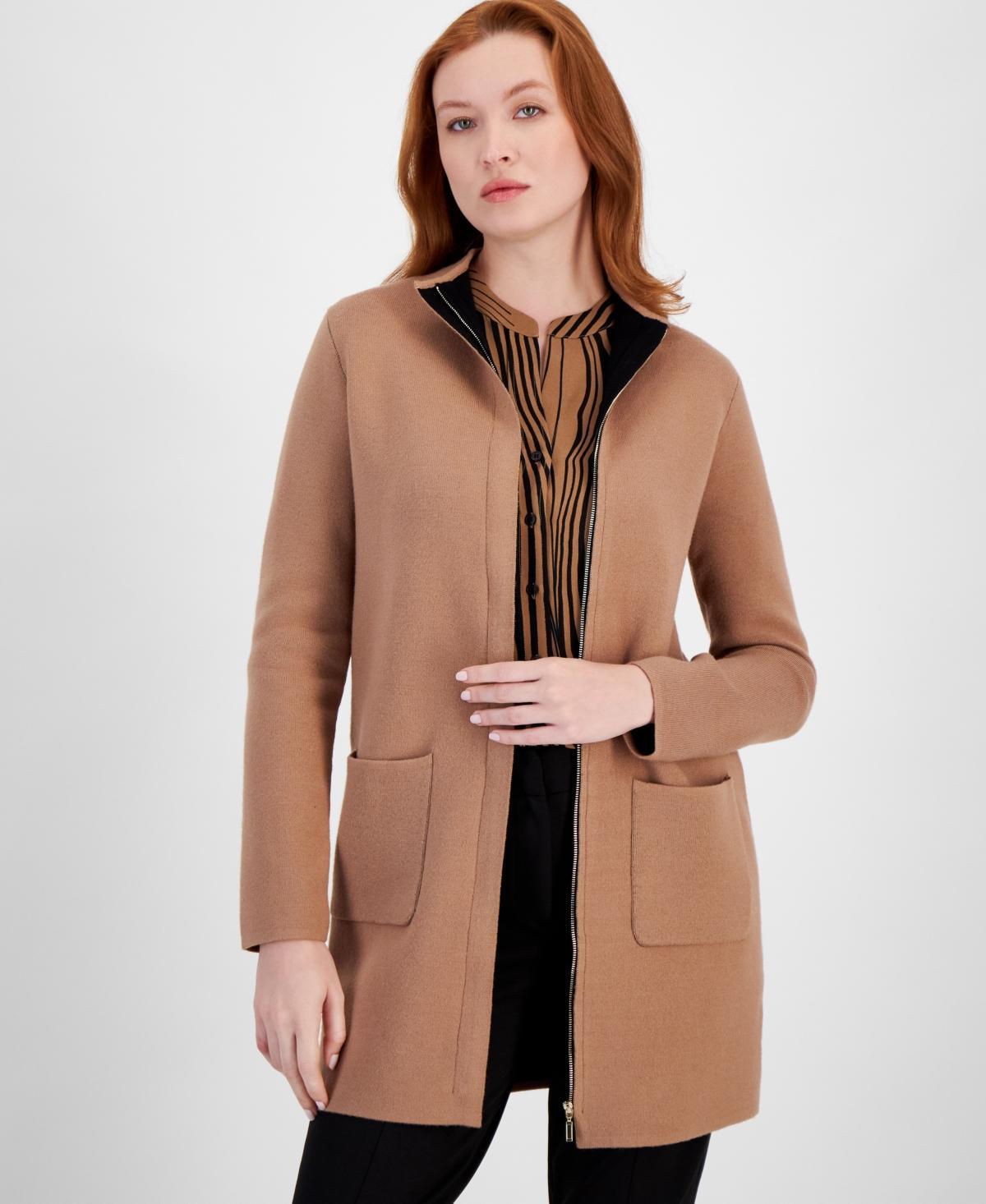 T Tahari Womens Funnel-Neck Thigh-Length Zip Coat - Hazelwood/ Product Image