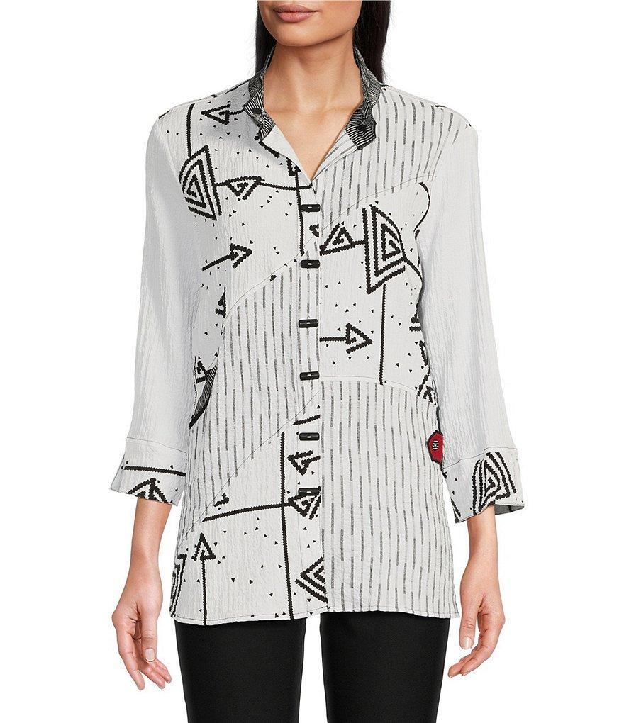 Ali Miles Mixed-Media Stripe & Abstract Wire Collar 3/4 Sleeve Button-Front Tunic product image