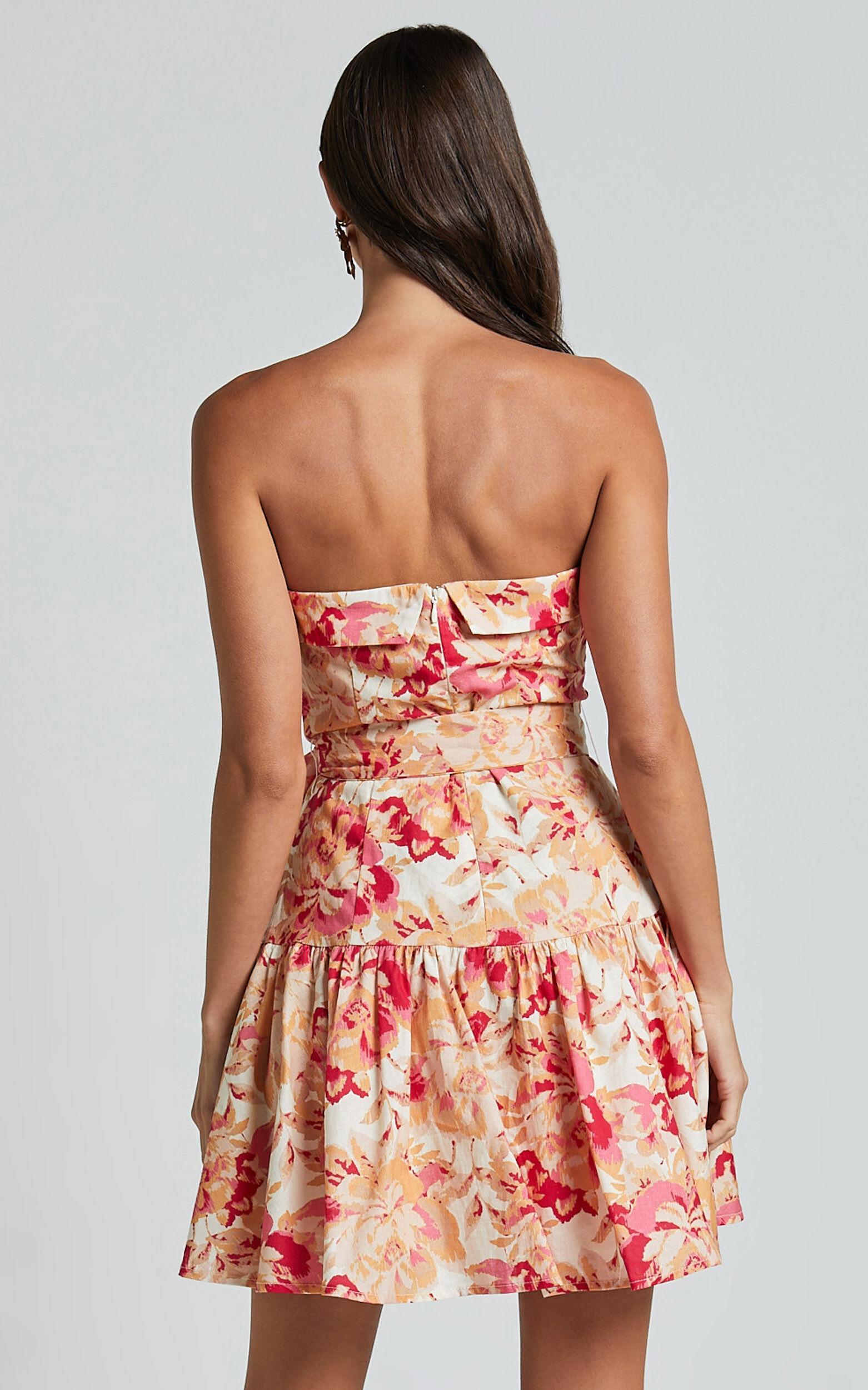 Amalie The Label - Simmona Linen Blend Strapless Tie Waist Mini Dress in Sienna Print Product Image