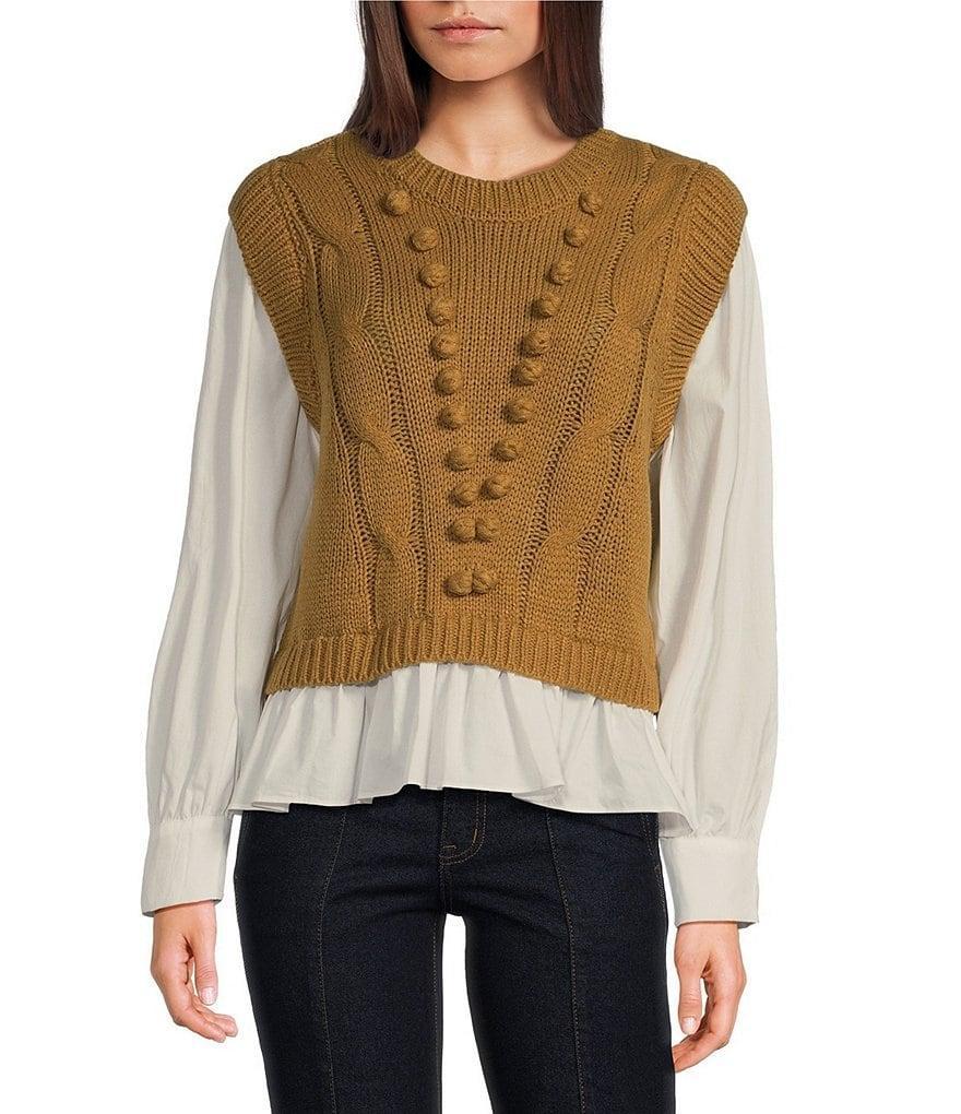 Skies Are Blue Mixed Media Woven Blouse Cable Knit Crew Neck Long Sleeve Top Product Image