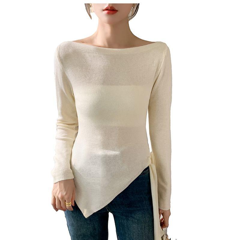 Long-Sleeve Boat Neck Plain Asymmetrical Tie Side Slim Fit Knit Top Product Image