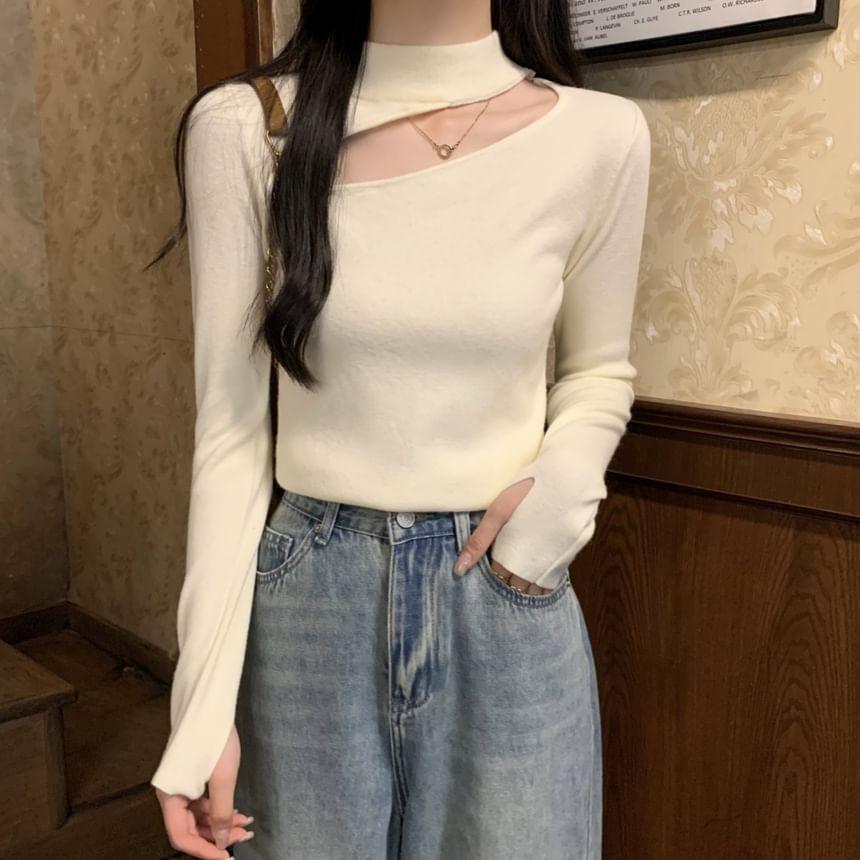 Long-Sleeve Mock Neck Cutout Knit Top Product Image