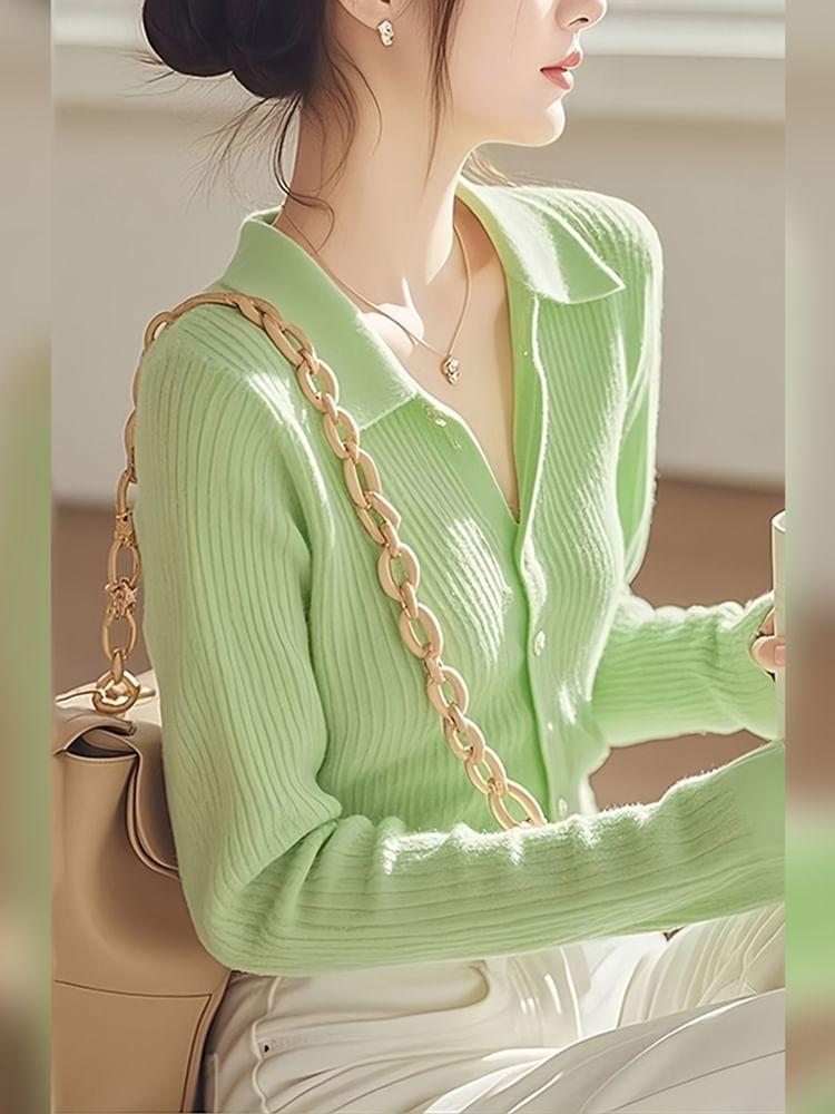 Collared Plain Button-Up Cardigan Product Image