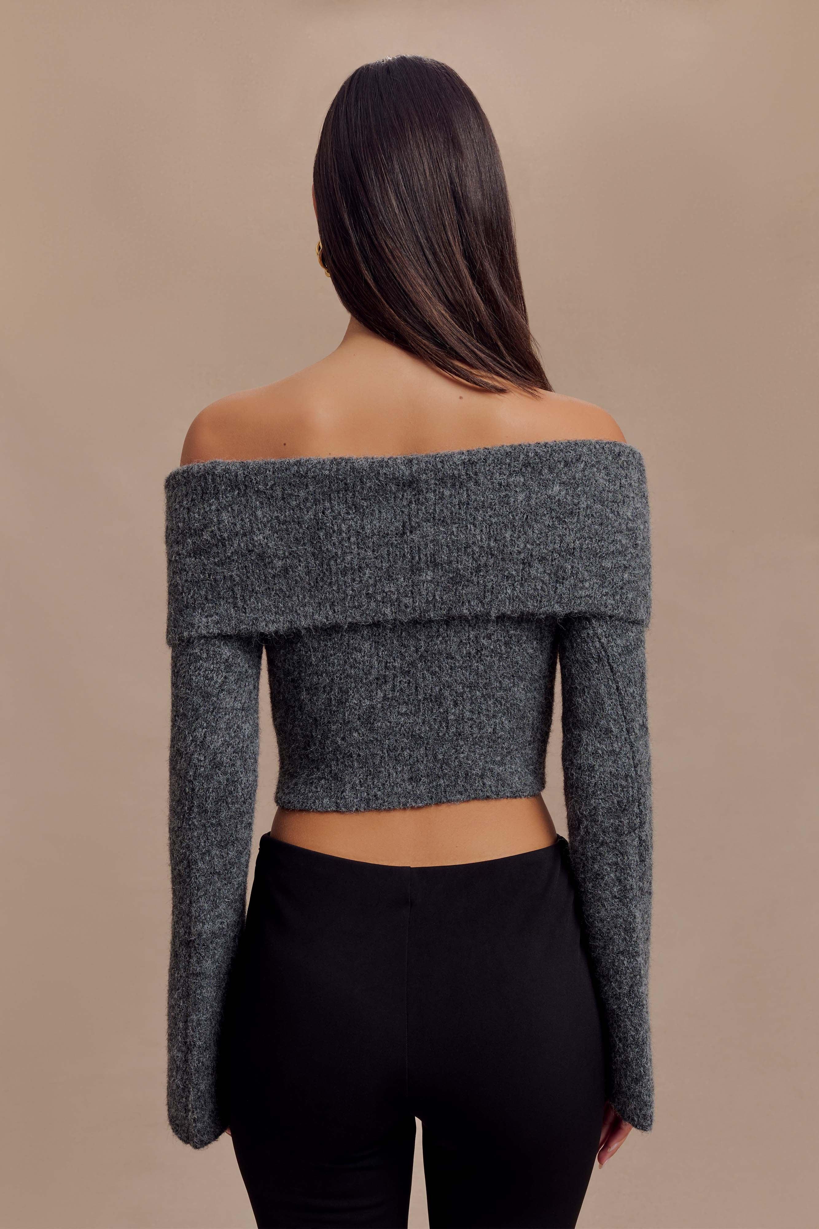 Baxter Off Shoulder Fluffy Knit Top - Charcoal Product Image