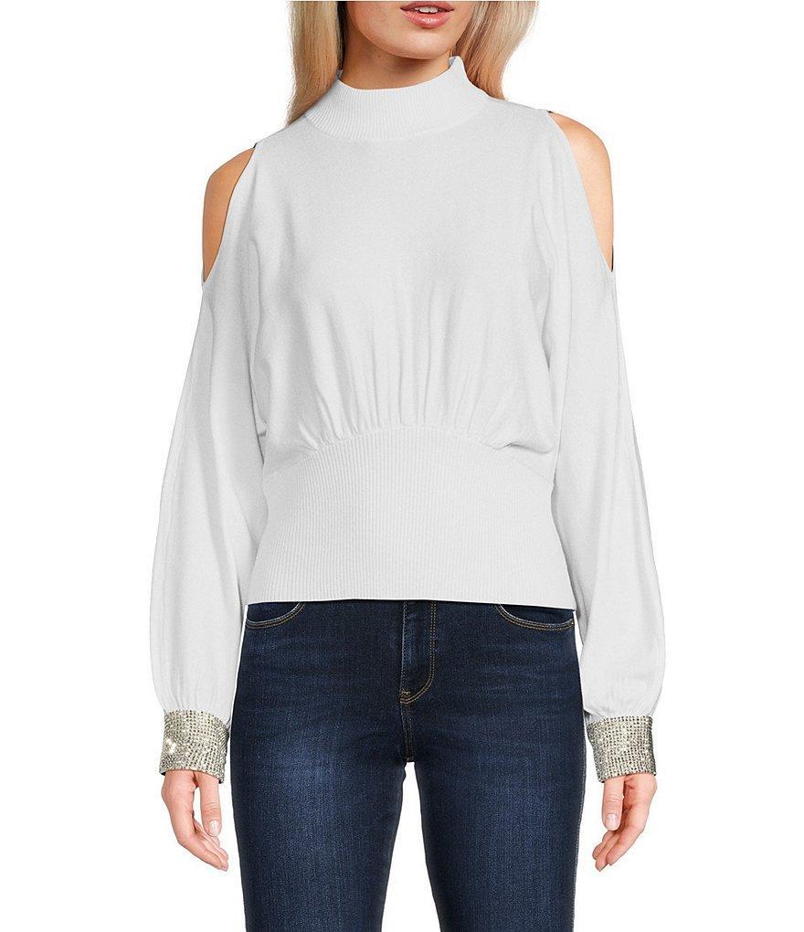 Guess Long Sleeve Cold Shoulder Bling-Cuff Sweater Product Image