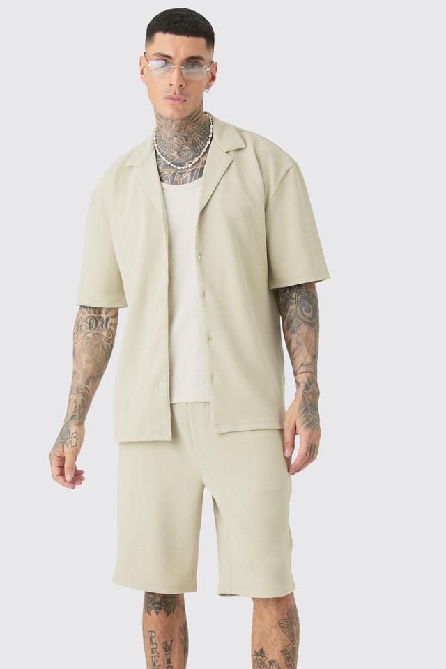 Mens Beige Tall Herringbone Detail Shirt & Short Set In Stone, Beige Product Image