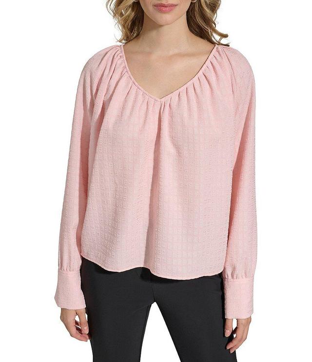 Calvin Klein Textured Woven V-Neck Long Sleeve Blouse Product Image