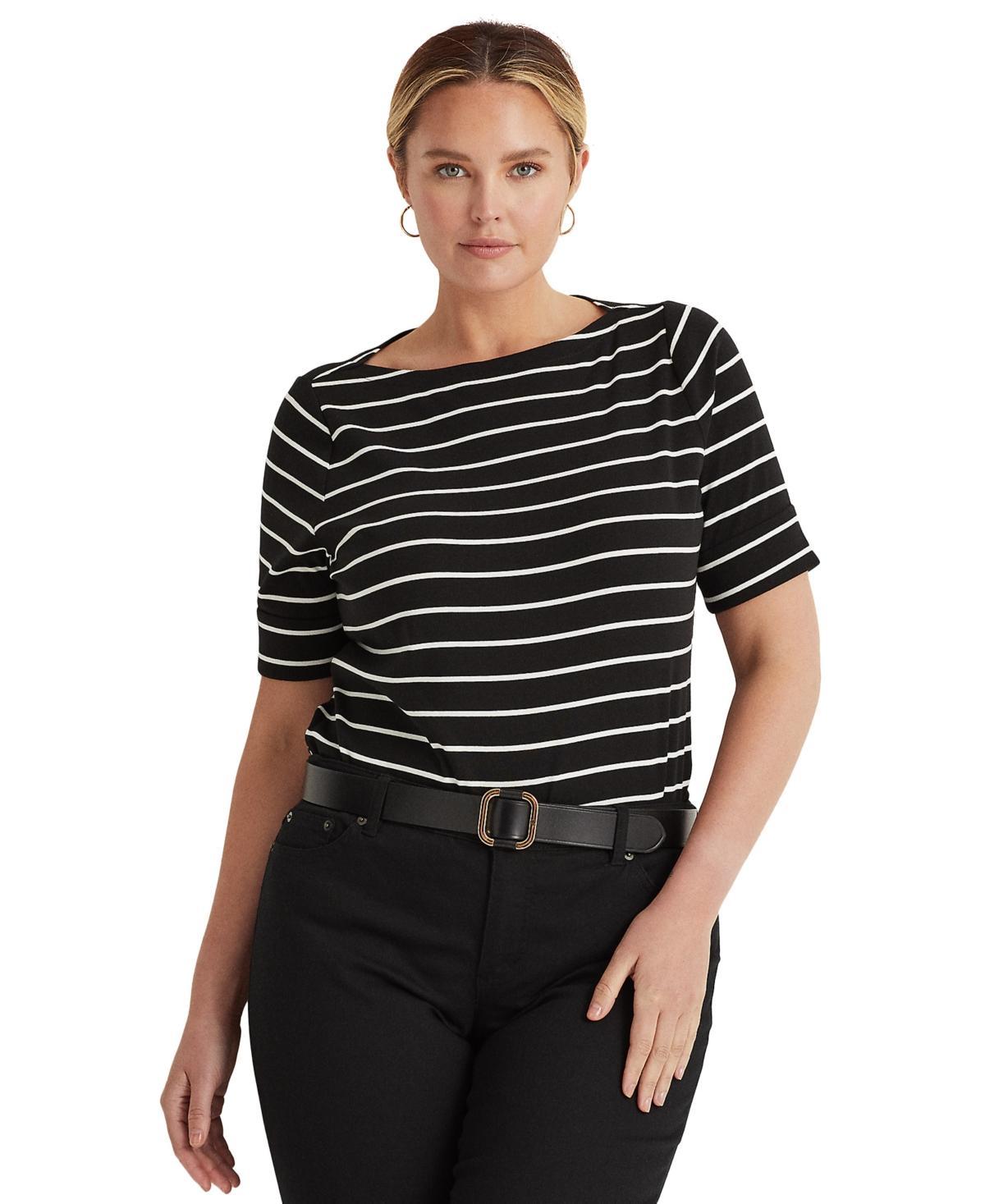 Lauren Ralph Lauren Plus Size Stripe Boat Neck Short Sleeve T Product Image