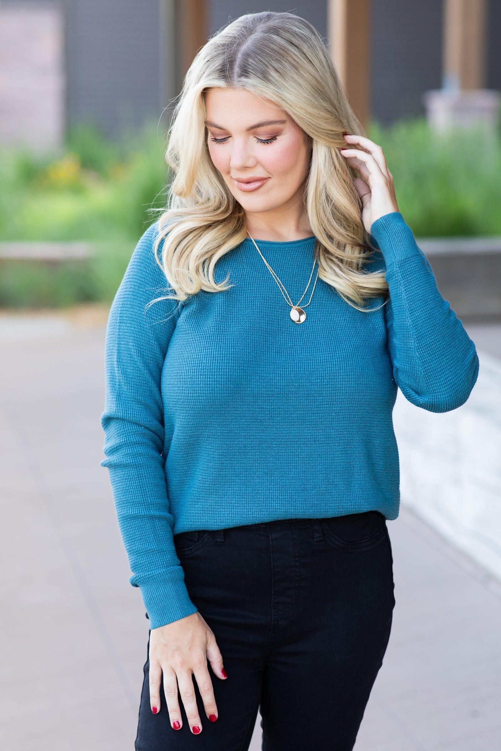 Teal Raglan Sleeve Waffle Knit Top product image