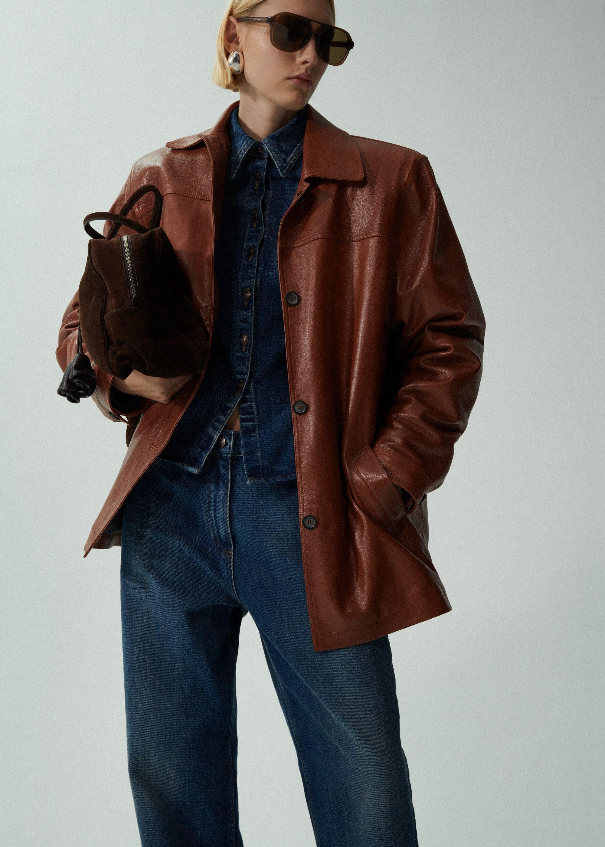 Oversized leather button up jacket in camel Product Image