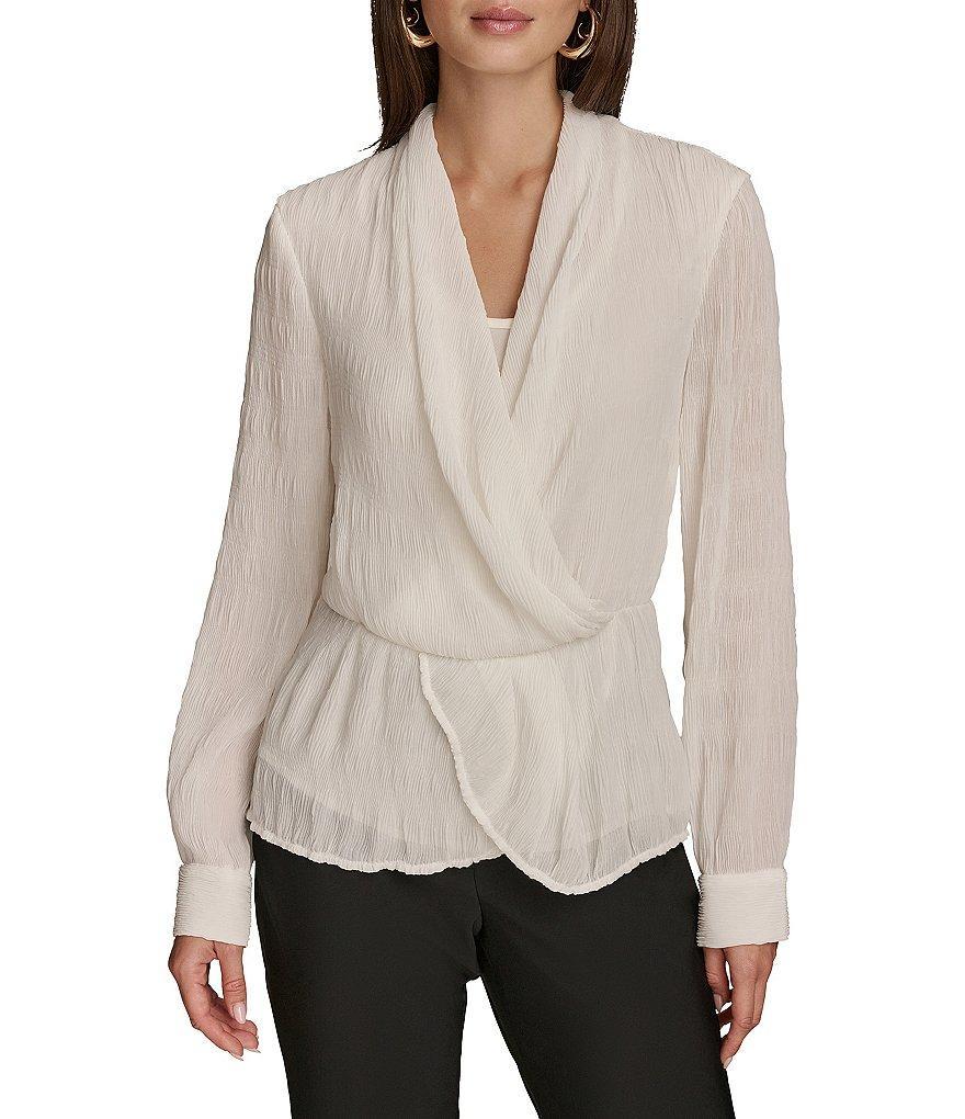 Donna Karan Ripple Crepe Scoop V-Neck Long Sleeve Ruffle Hem Blouse Product Image