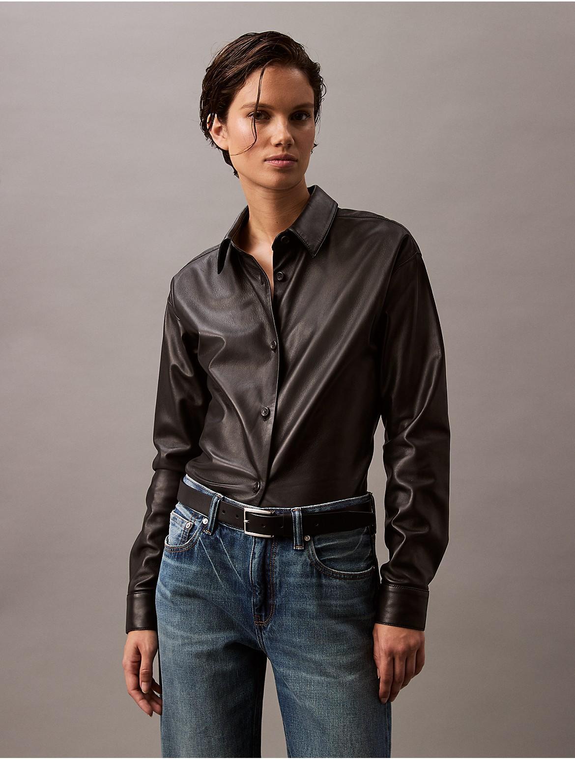 Calvin Klein Womens Lamb Leather Button-Down Shirt - Black - S Product Image