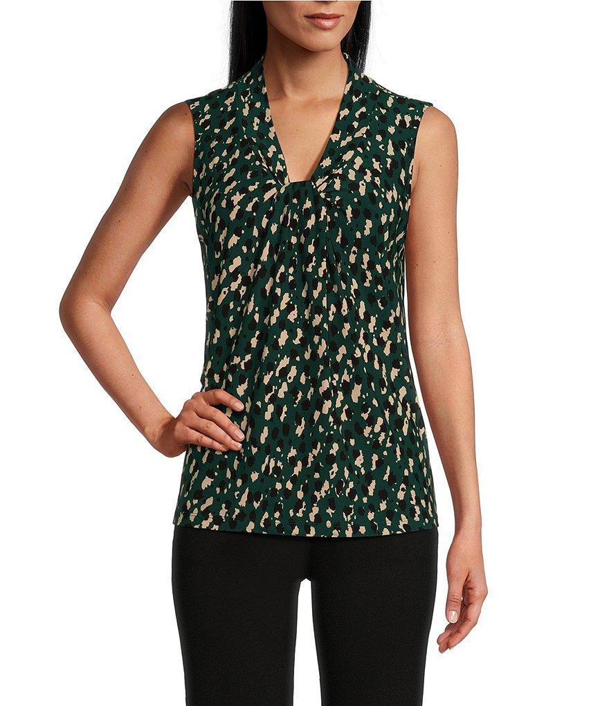 Kasper Petite Size Printed Front Knot V-Neck Sleeveless Blouse Product Image