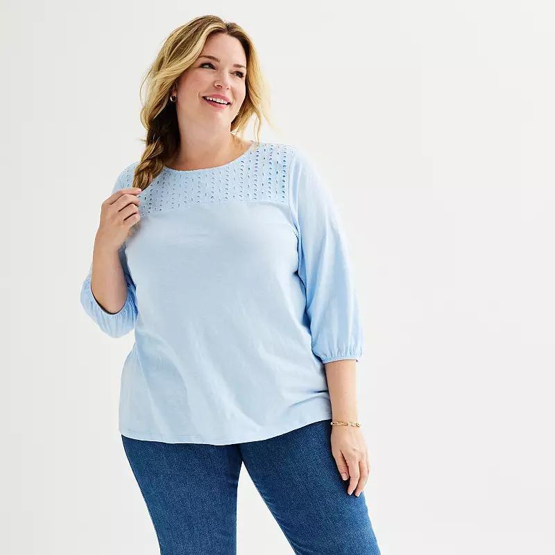 Plus Size Croft & Barrow Eyelet Yoke 3/4-Sleeve Top, Womens Product Image