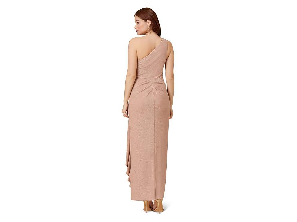 Adrianna Papell Long Stretch Metallic Knit One Shoulder Cascade Side Draped Gown (Ginger) Women's Dress Product Image