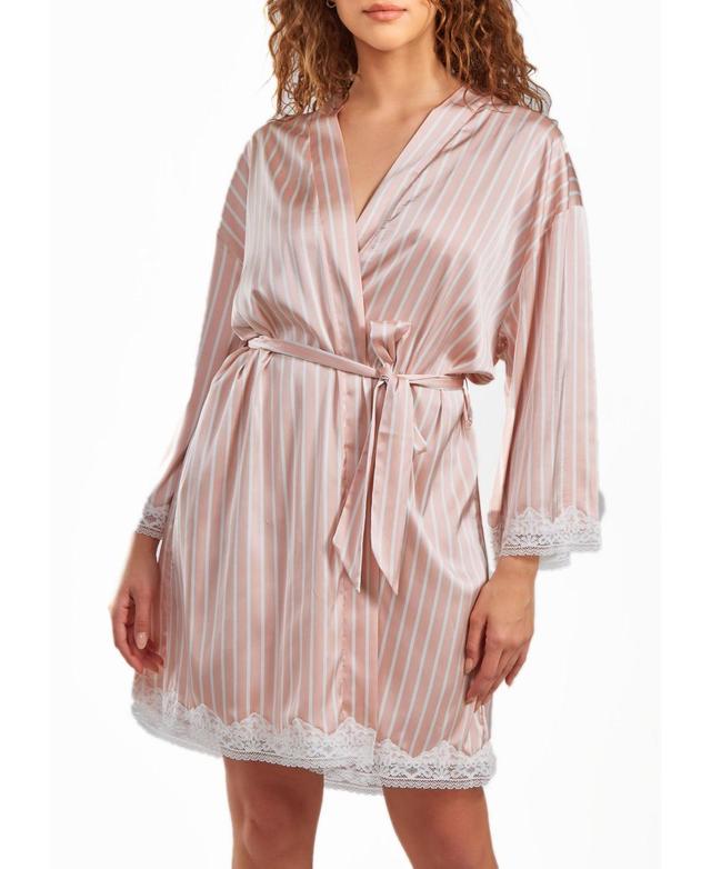 iCollection Womens Brillow Satin Striped Robe with Self Tie Sash and Trimmed in Lace Product Image