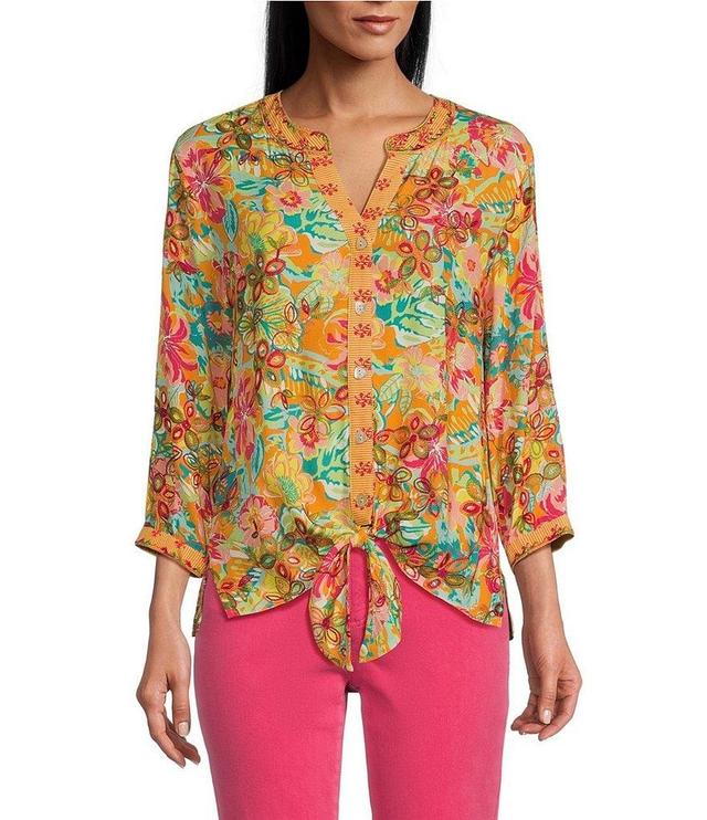 John Mark Embroidered Floral Tie Front Y-Split Collar 3/4 Sleeve Blouse Product Image