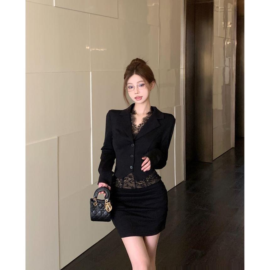 Notch Lapel Plain Lace Panel Single-Breasted Crop Blazer / High Waist Mini Pencil Skirt Product Image