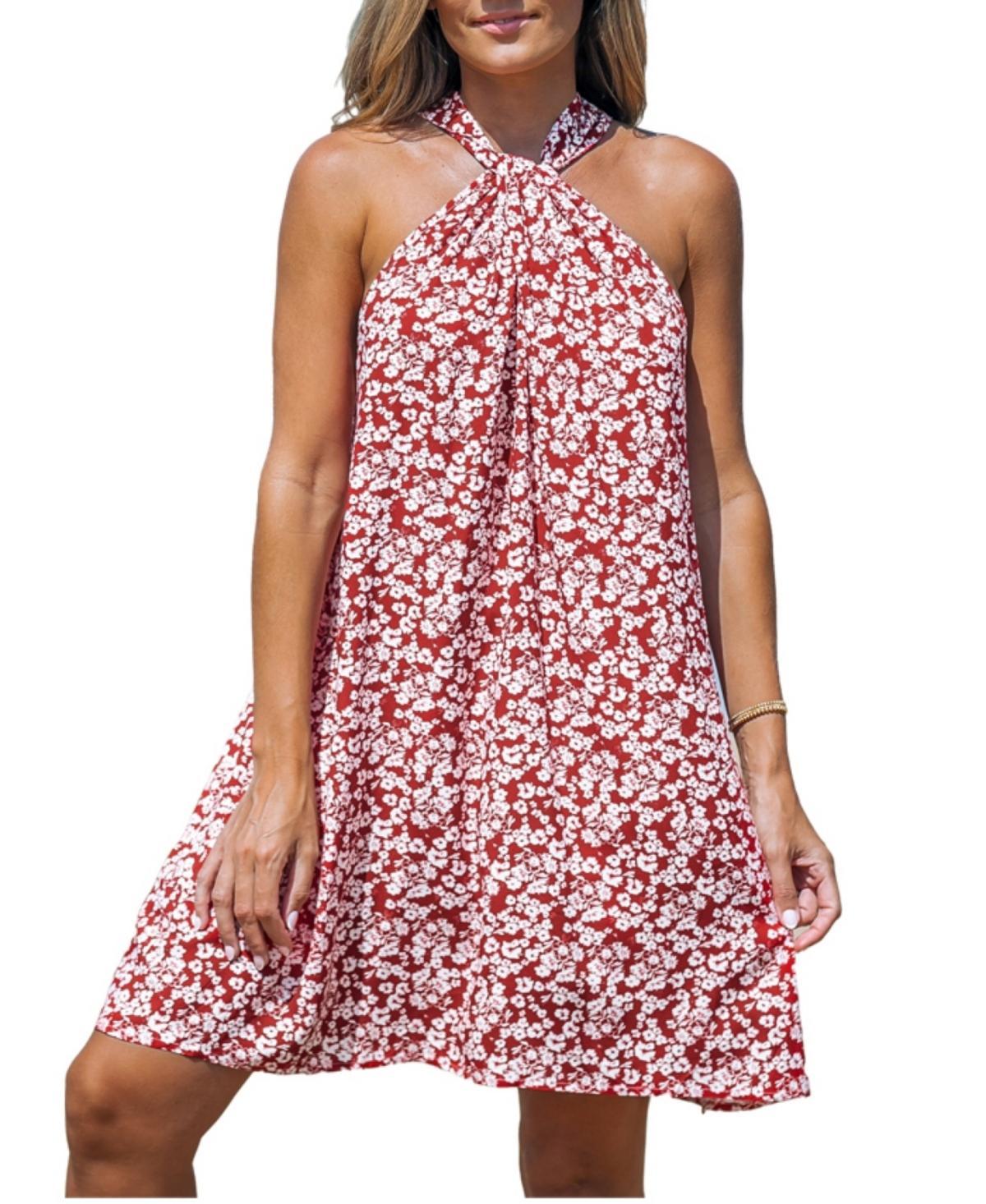 Cupshe Womens Red Floral Ditsy Twisted Halterneck Mini Beach Dress Product Image