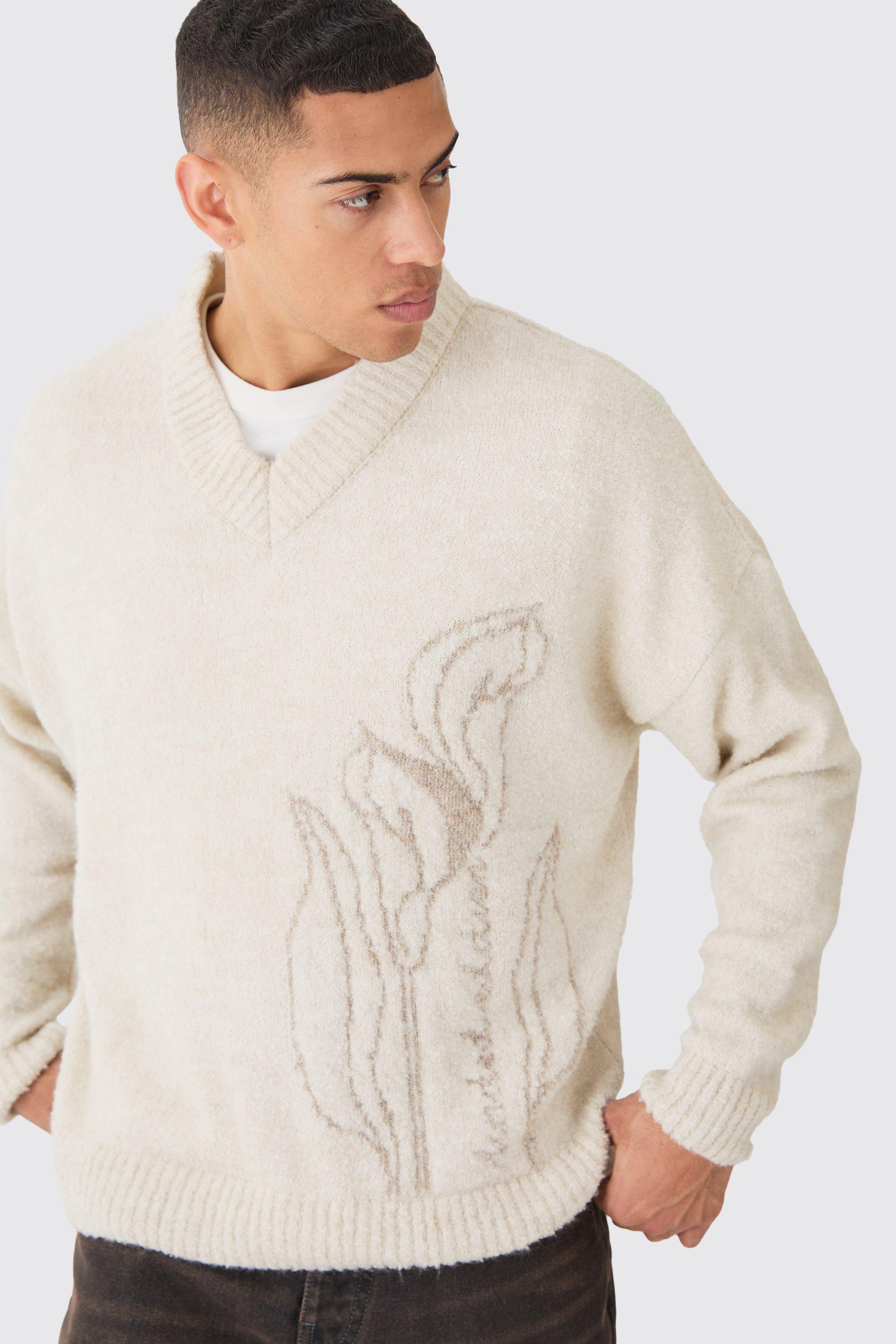 Boxy V Neck Boucle Textured Knit Jumper | boohooMAN USA Product Image