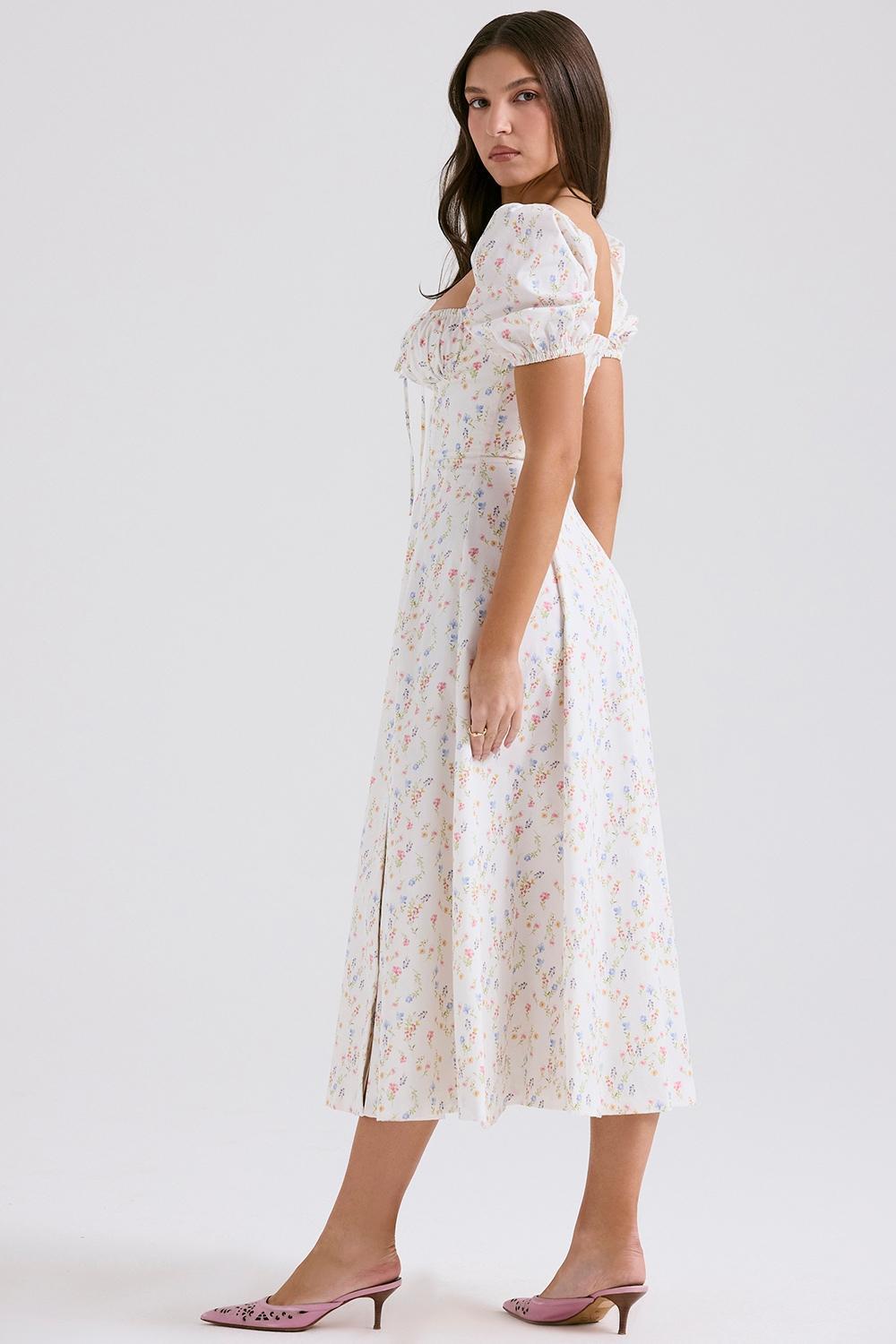 Tallulah White Posy Print Cotton Puff Sleeve Midi Sundress Product Image