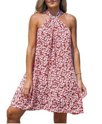 Cupshe Womens Red Floral Ditsy Twisted Halterneck Mini Beach Dress Product Image