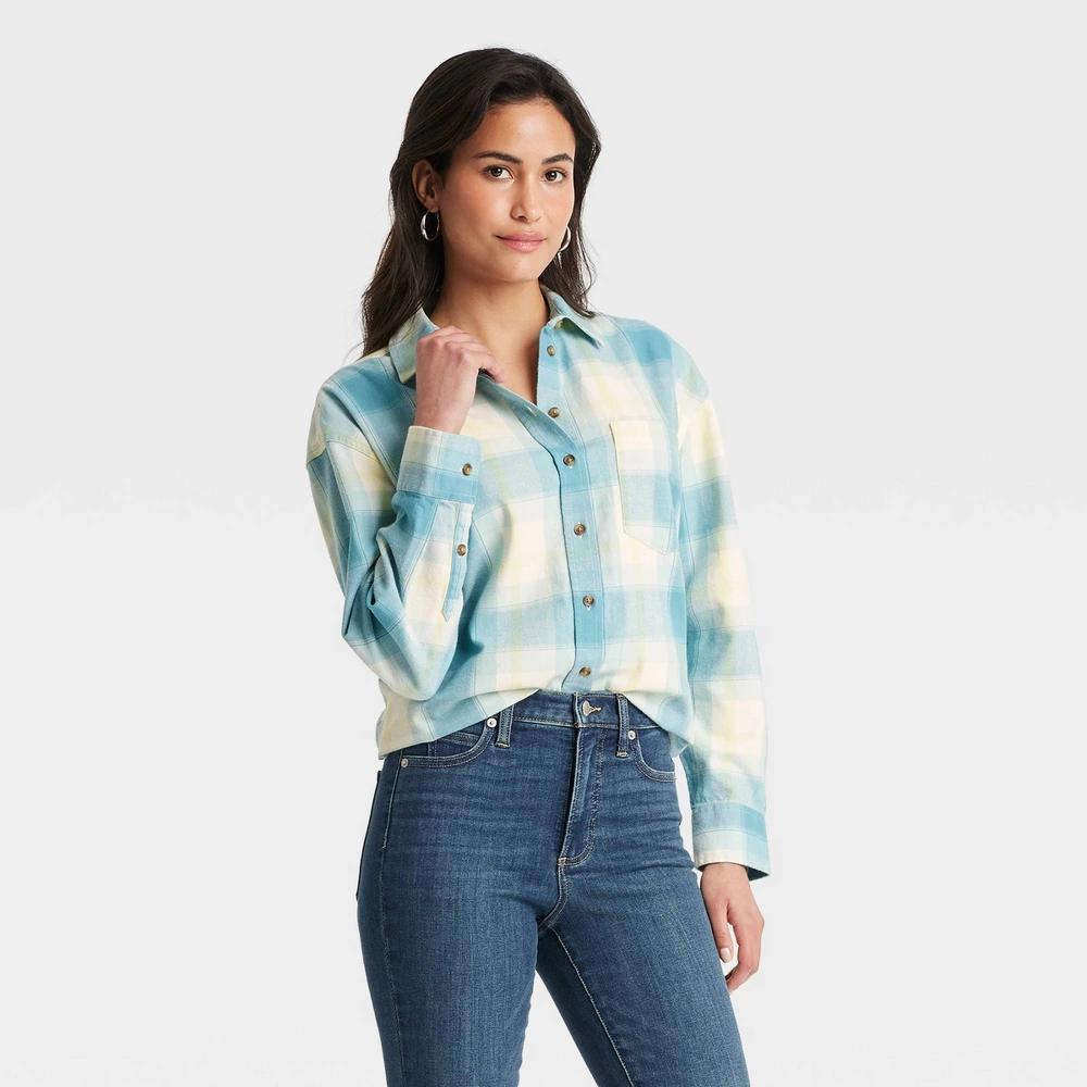 Womens Oversized Flannel Long Sleeve Collared Button-Down Shirt - Universal Thread Blue Plaid XL Product Image